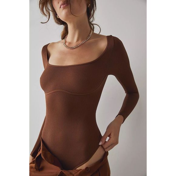 Free People Movement Meg Seamless V-Neck Long-Sleeve Bodysuit in Ash/Brown - Picture 1 of 12